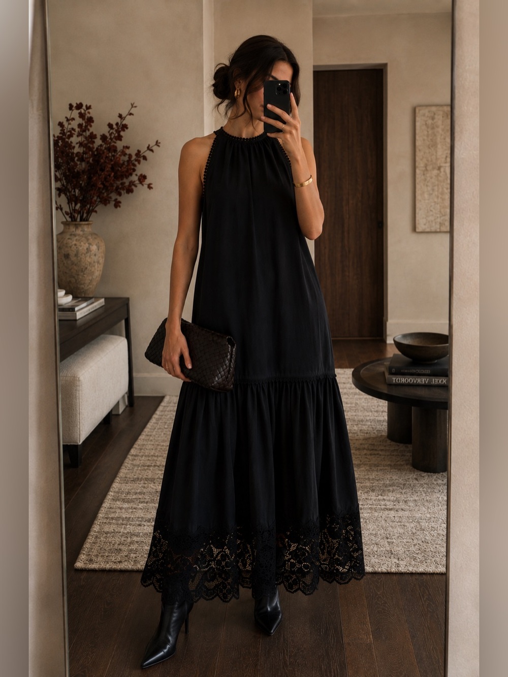 Kobi Halperin Teri Lace Trim Halter Maxi Dress Black Size L NWT